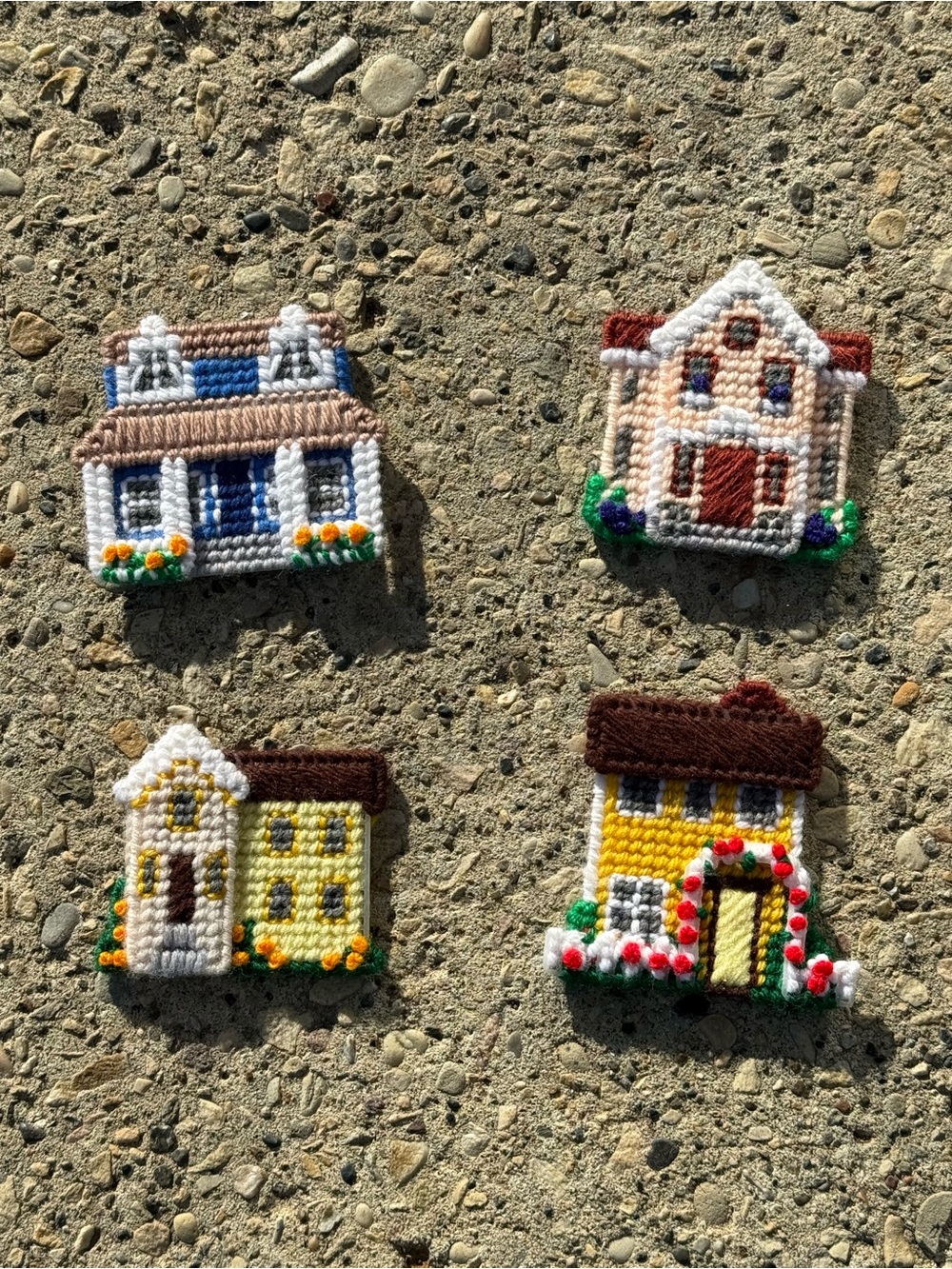 Set of 4 Vintage House Shaped Canvas Cross Stitched Needlepoint Kitchen Magnets